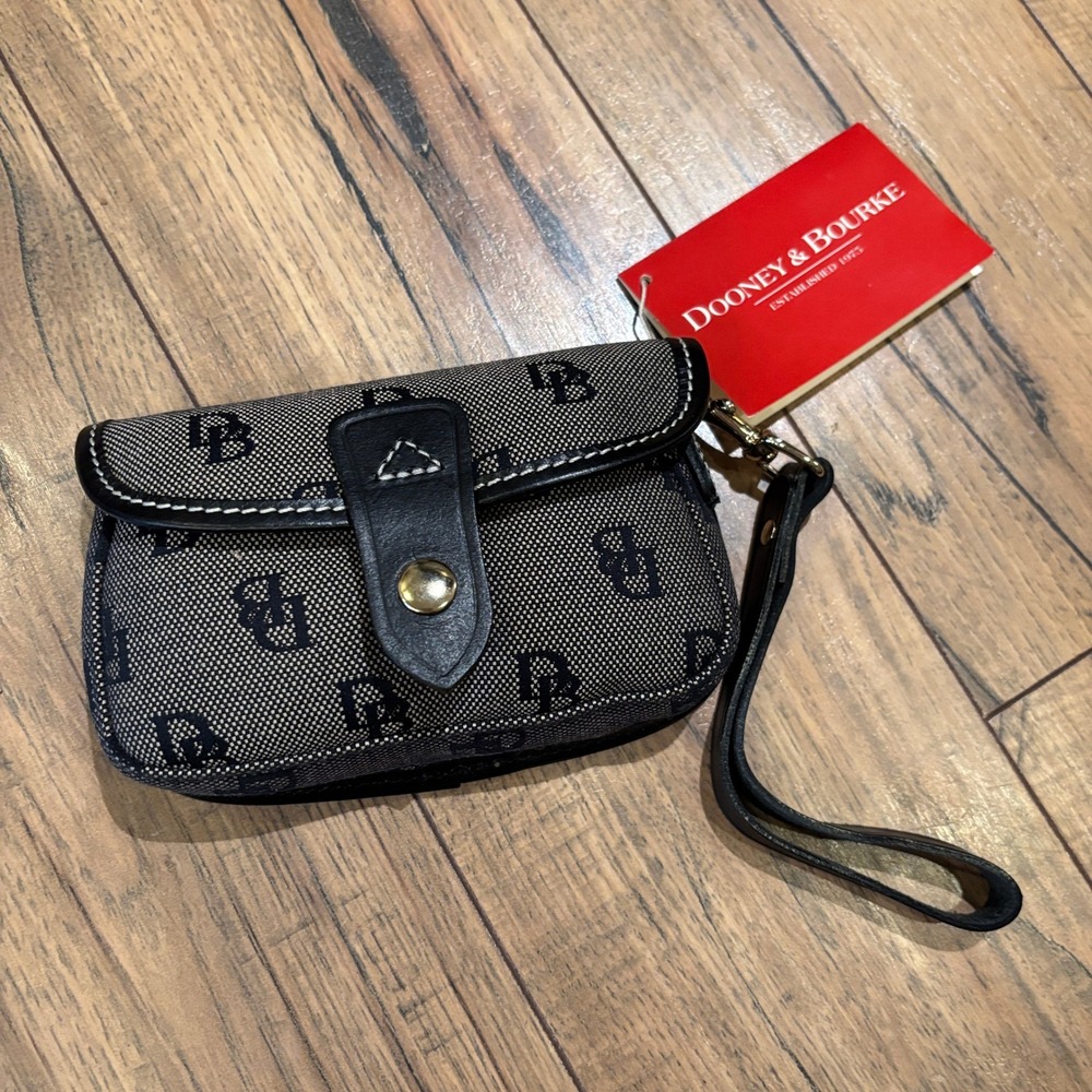 Dooney & Bourke UK20N BL Flap Wristlet Black Monogram Canvas Made in USA
